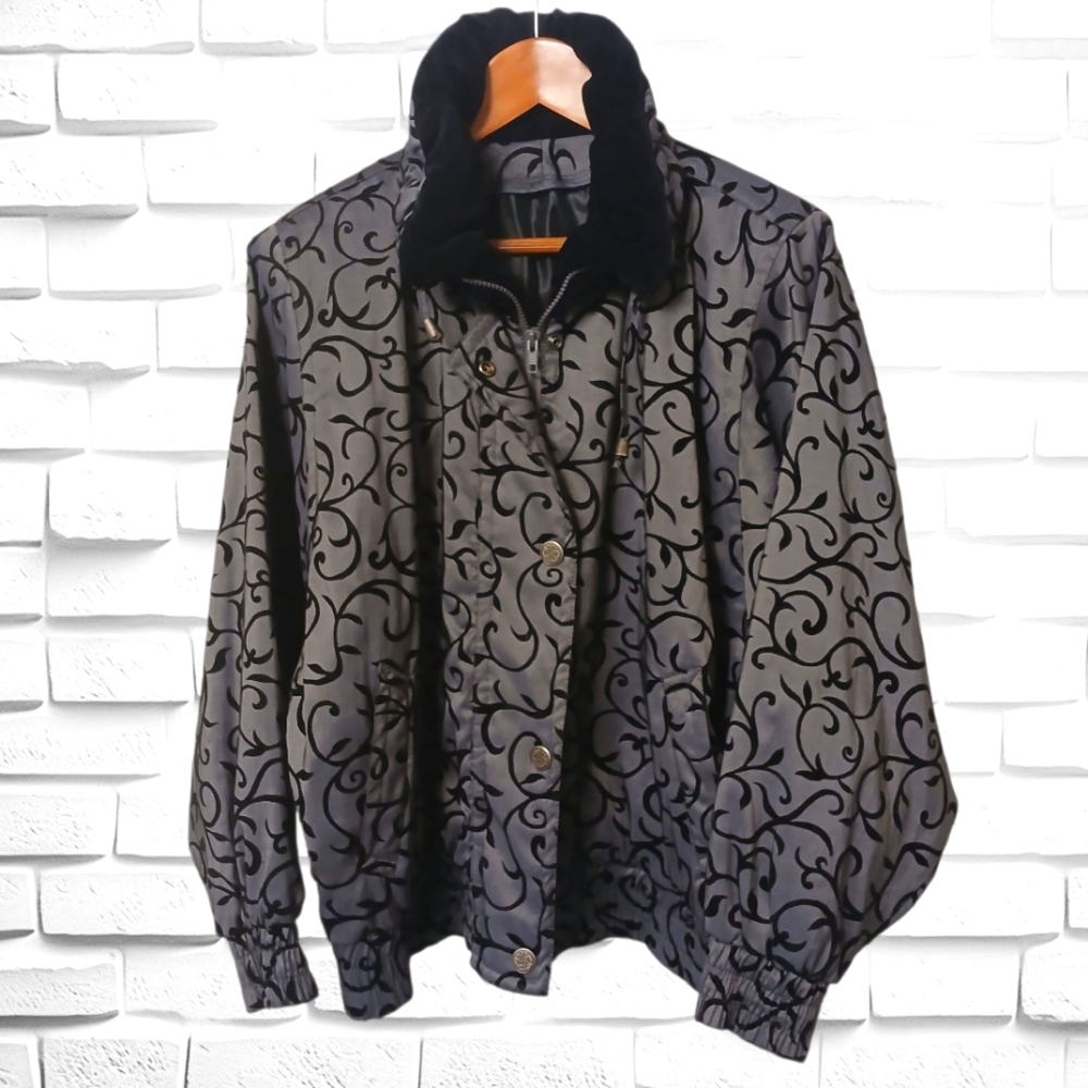 Women's London Fog Stylish Jacket, Size M, Gray w/ Blk Velvety Vines Design, Zip
